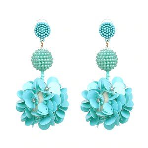 Blue Beaded Sequin Flower Large Drop Earrings